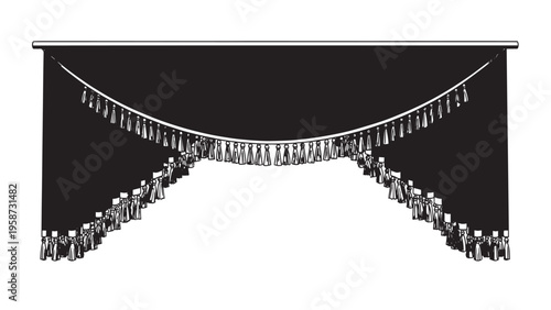 Elegant black theater curtain with tassels and fringe drapery framing a stage silhouette.