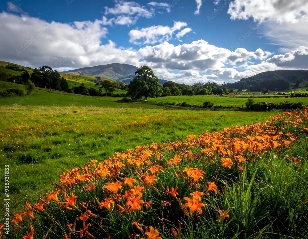 Fototapeta premium Summer landscape with orange flowers, green fields, rolling hills, and a cloudy blue sky