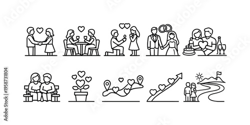 Collection of romantic couple icons depicting love, relationships, and milestones
