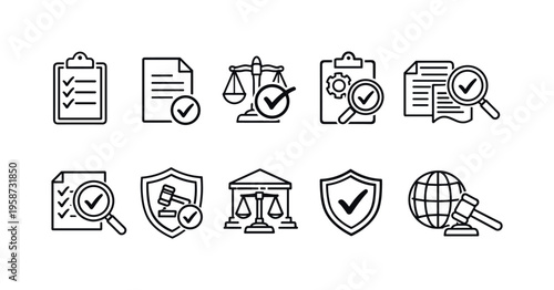 Collection of legal and compliance icons with checkmarks and magnifying glasses