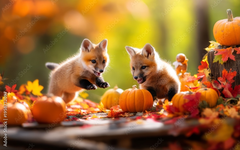Obraz premium Baby Foxes Pouncing Playfully among Bright Autumn Pumpkins and Leaves