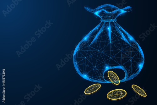 Financial leakage and outflow of funds. A digital money bag with a hole in the bottom from which coins fall out. The concept of capital drain, financial losses and inefficient resource management.
