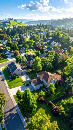 Serene aerial shot of a suburban neighborhood with tree-lined streets under bright skies