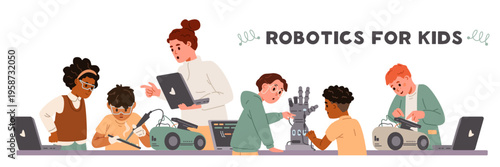 Robotics for kids vector banner with diverse children studying engineering, programming with woman teacher.