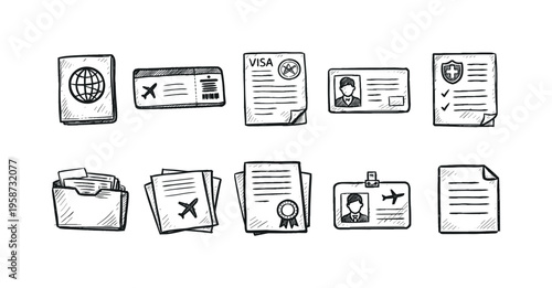 Collection of hand-drawn travel documents and identification items