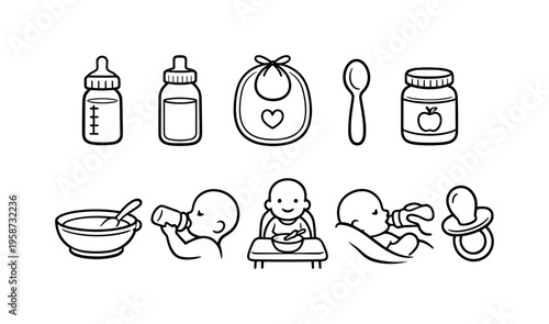 Baby feeding icons and illustrations for early childhood development and care
