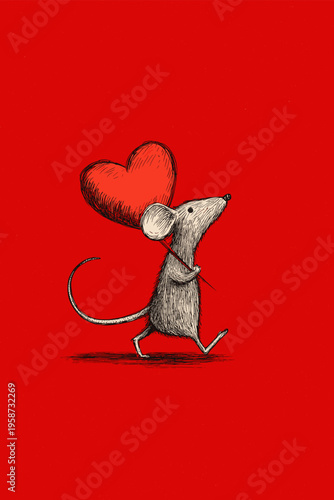 Cartoon gray rat running with a large red heart on a solid red background. Cute gray rat carrying red heart running