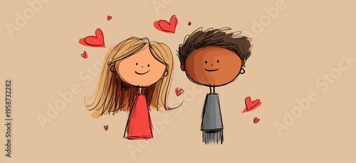 Smiling cartoon boy and girl with red hearts floating above them, depicting true love. Happy cartoon couple showing love and affection