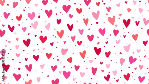 Pink hand-drawn hearts forming a seamless pattern on a white background. Pink heart pattern creating simple love background