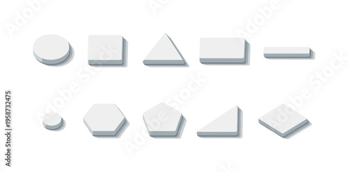 Collection of 3D geometric shapes with subtle shadows on a white background
