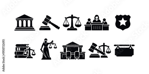 Collection of legal and justice icons representing court, law, and order