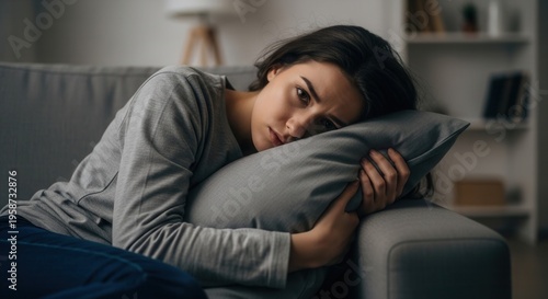 Depressed young woman lying on sofa and hugging pillow in dark room. Sad lonely female feeling stressed and suffering from anxiety or heartbreak. Mental health problems and solitude concept.