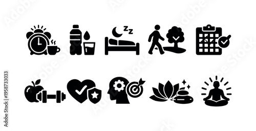 Healthy lifestyle icons representing wellness, fitness, and self-care practices