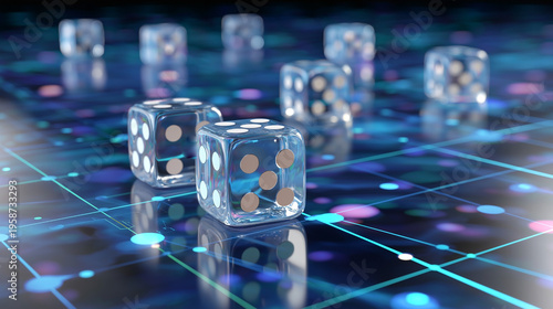 Transparent glass dice on futuristic digital grid with glowing connections concept of probability technology data and randomness