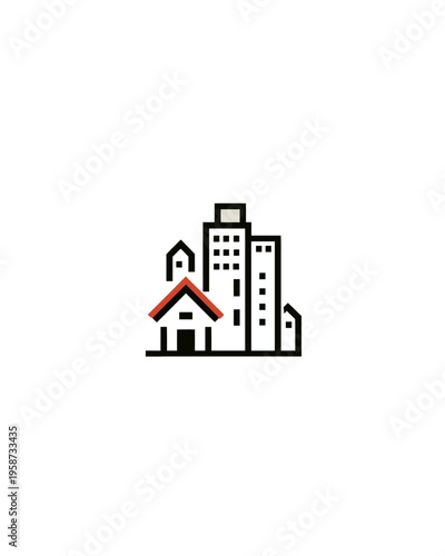 Modern urban cityscape icon with residential house and generic buildings, representing real estate, community, and city living