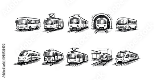 Collection of hand-drawn sketches of various public transportation vehicles