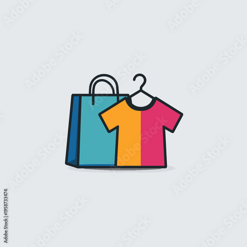Vibrant fashion shopping icon with colorful t-shirt on hanger and blue shopping bag. E-commerce retail clothing concept illustration.