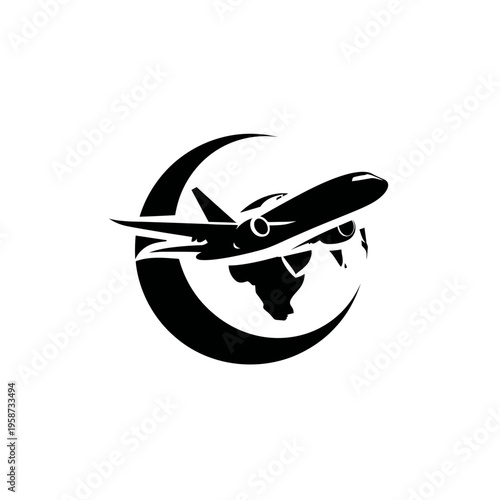 Stylized airplane flying over a globe, representing global travel, worldwide transport, and aviation logistics. Vector icon.
