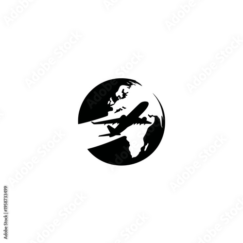 Global Air Travel Icon - Airplane Flying Around Earth Silhouette for Worldwide Journeys, Logistics, and Tourism