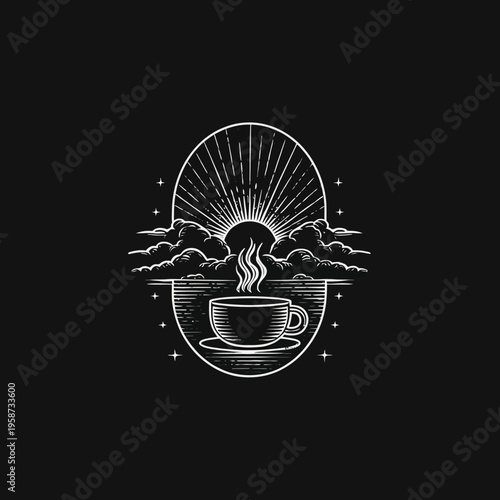 Vintage Engraving Style Coffee Illustration: Steaming Cup, Morning Sun, and Clouds. Warm Beverage Art.