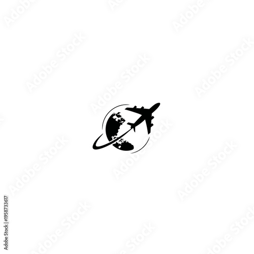Global airplane travel icon with flight path around the world. International aviation symbol for worldwide journey and tourism concept.