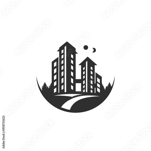 Modern urban cityscape silhouette icon with residential buildings, trees, and a winding road under the moon and stars, vector graphic