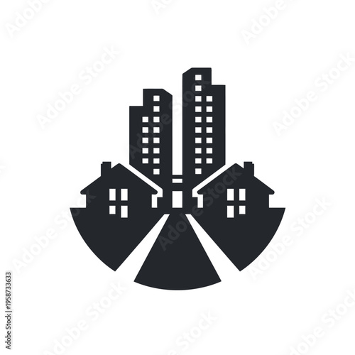 Sleek urban landscape vector: Modern city silhouette featuring residential homes, tall buildings, and a central road for real estate and community design.