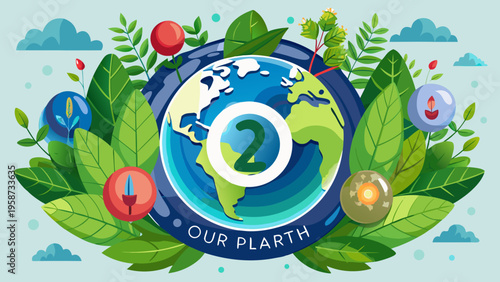 Vector illustration of a globe surrounded by leaves and icons, eco-friendly design element