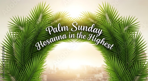 Palm sunday celebration with radiant archway and hosanna greeting