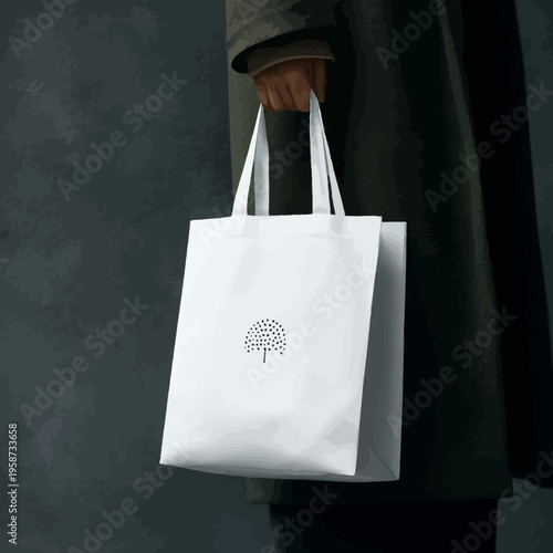 Hand holding a white reusable shopping tote bag with a minimalist tree graphic, promoting eco-friendly and sustainable lifestyle choices