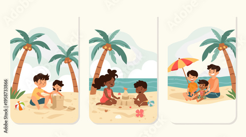 A colorful beach ball sits on a sandy beach, evoking a sense of summer fun and relaxation.