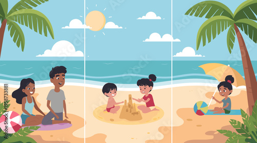 A colorful beach ball resting on a large green leaf, evoking a fun and playful summer vibe.