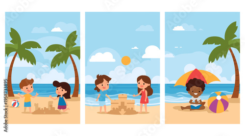 A colorful beach ball sits on a sandy beach, evoking a sense of summer fun and relaxation.