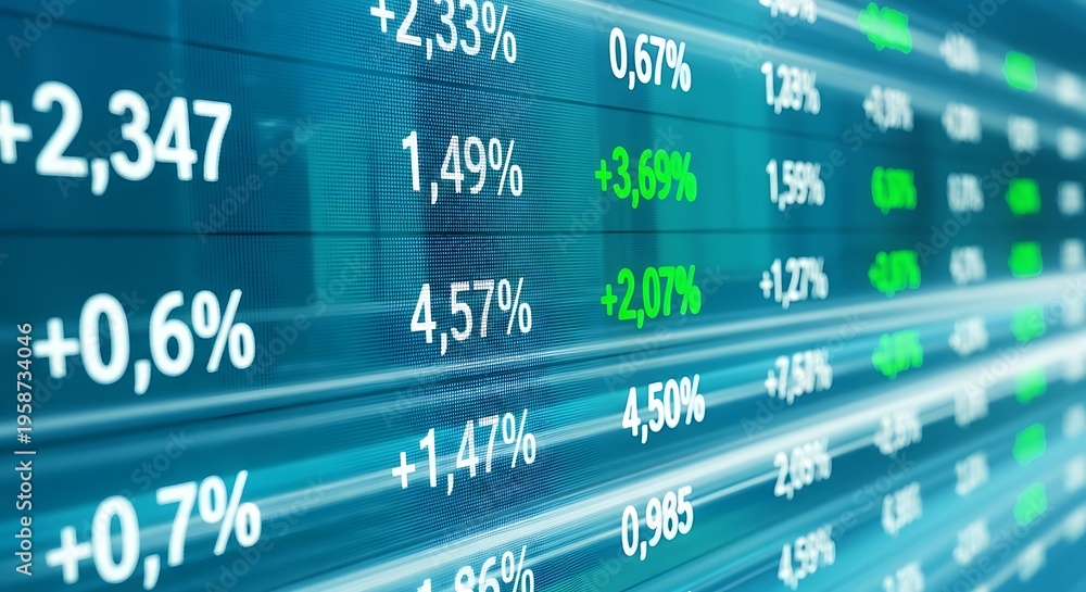 Fototapeta premium Financial stock market data board with glowing numbers and percentages