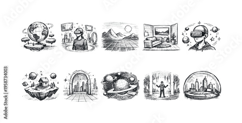 Collection of hand-drawn sketches depicting virtual reality and futuristic concepts