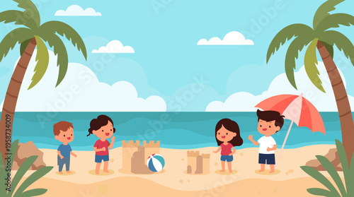 A serene and natural illustration of green leaves on a sandy beach, evoking feelings of calmness and tranquility.