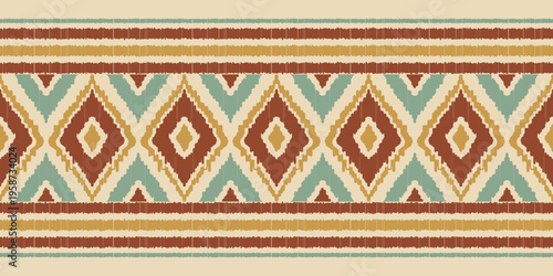 Tribal Kilim Ikat Stripe Pattern, Ikat Border Seamless Pattern, Ethnic Diamond Ribbon Vector Background, Traditional Southwestern Stripe Ornament for Saree, Fabric Trim, Boho Home Decor, and Textile