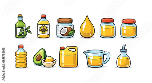 Collection of various cooking oils and fats in cartoon style