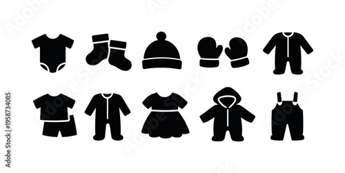 Collection of black baby clothing icons on a white background