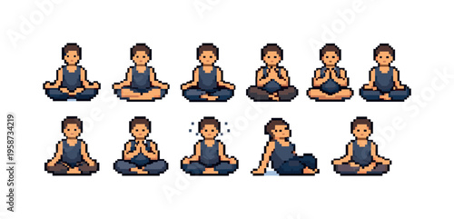 Pixel art collection of people meditating in various yoga poses on a white background