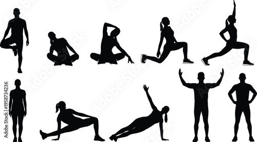 Black silhouette fitness exercise poses, vector illustration set, workout icons, yoga positions, stretching, balance, plank, lunge, squat, training