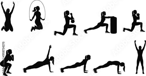 Black silhouette fitness exercise icons, vector illustration set, workout poses, gym training, bodyweight exercises, plank, push‑up, squat, lunge