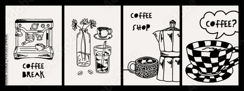 Black and white coffee shop poster set featuring espresso machine, vase with flowers, coffee bag, moka pot, and checkerboard cup. Cozy cafe themed collection with decorative lettering and frames. 