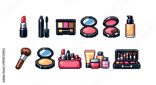 Pixel art collection of cosmetic products and makeup tools for beauty and style