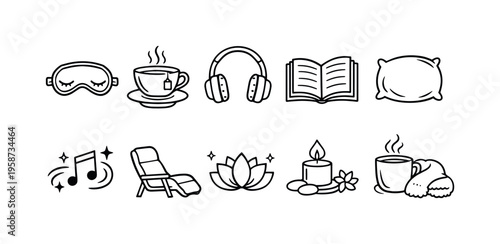 Collection of icons representing relaxation, self-care, and peaceful activities