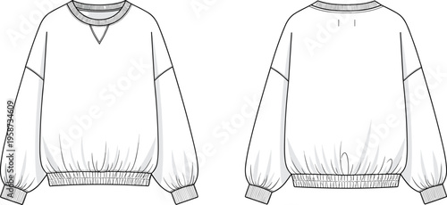 Fashion sweatshirt front and back technical illustration, relaxed fit apparel design, ribbed cuffs hem collar, vector clothing template, garment construction drawing