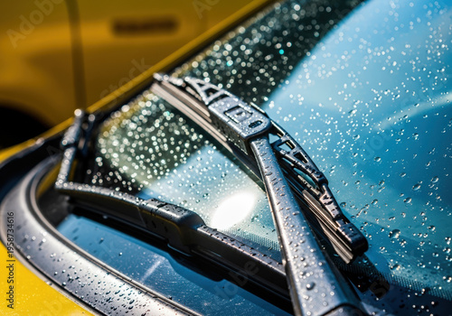 Rain-soaked windshield wiper on yellow taxi cab with droplets glistening in sunlight. Detailing features water droplets on glass and wiper sweeping across windshield.