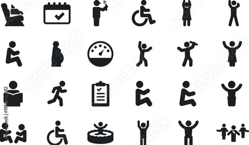 Human activity icons set, people actions silhouettes, daily life symbols, accessibility disability signs, pregnancy, exercise, reading, running pictogram collection