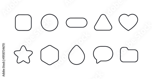 Collection of simple outline shapes including a star, heart, circle, and speech bubble
