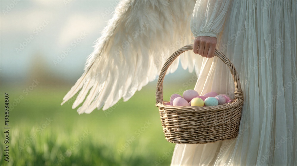 Obraz premium Woman angel with white wings holding wicker basket full of colorful Easter eggs in green spring field. Religious spiritual tradition, spring celebration and holiday atmosphere concept.
